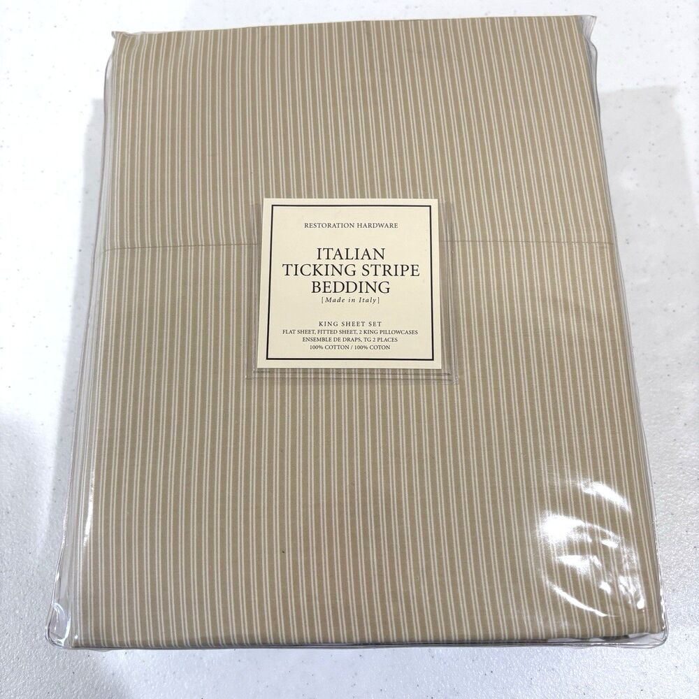 Restoration Hardware Italian Ticking Stripe King Sheet Set Beige Cotton Sateen